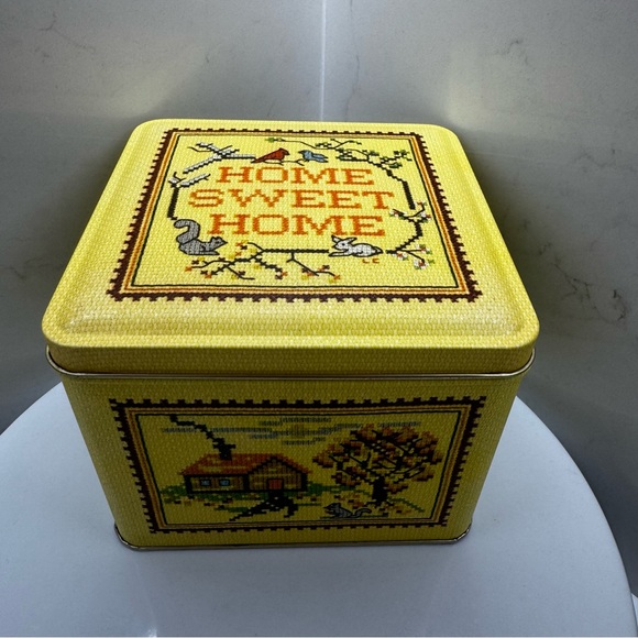 Home Sweet Home Square Tin, Vintage Cross-Stitch Style Home Sweet Home Container - Picture 1 of 9